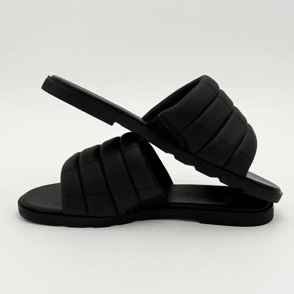 Sorel Ella III Quilted Puff Leather Black Slides - US Women’s Size 9 / EU 40 //